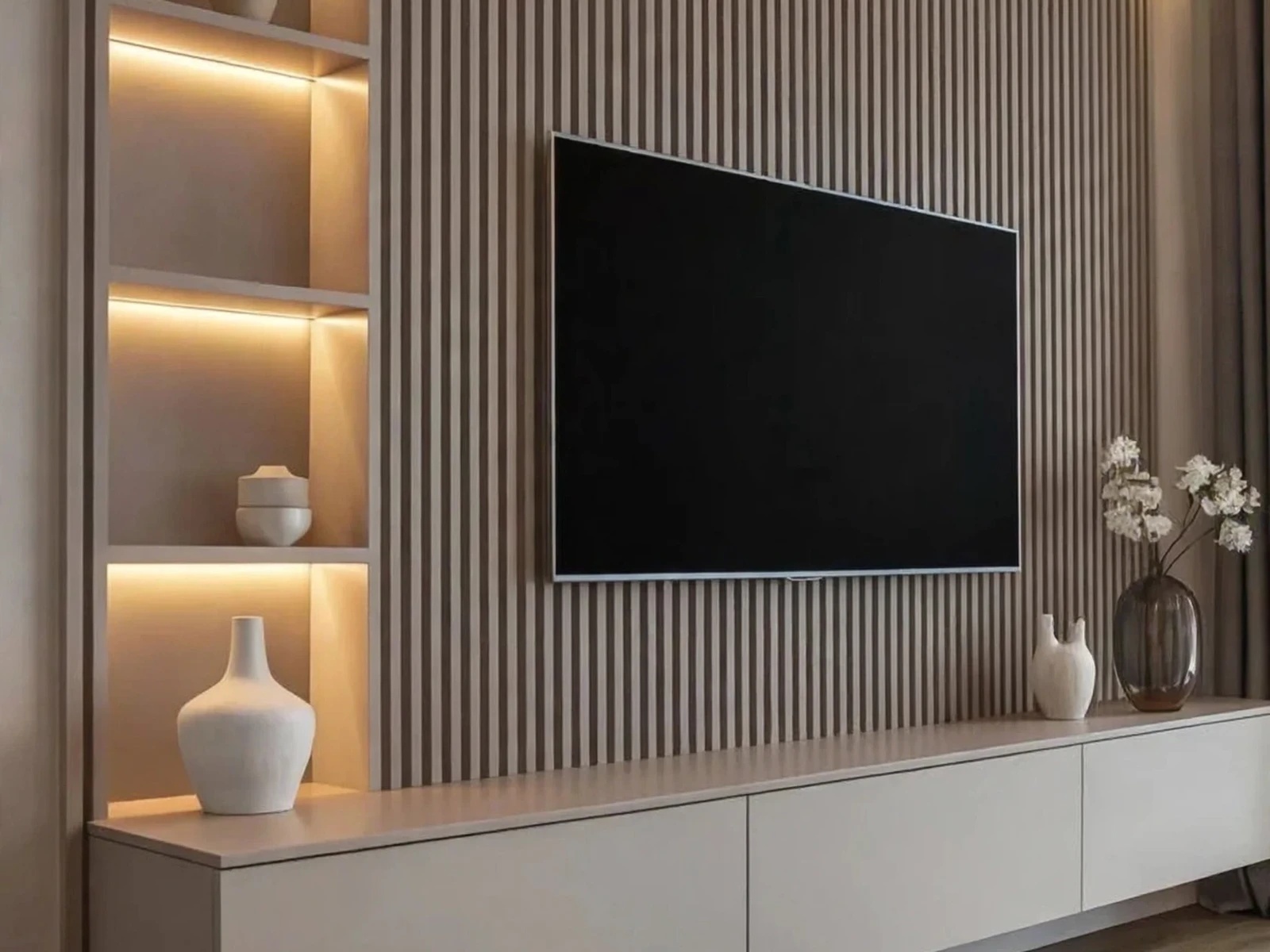 Beige Fluted TV Floating Entertainment Unit